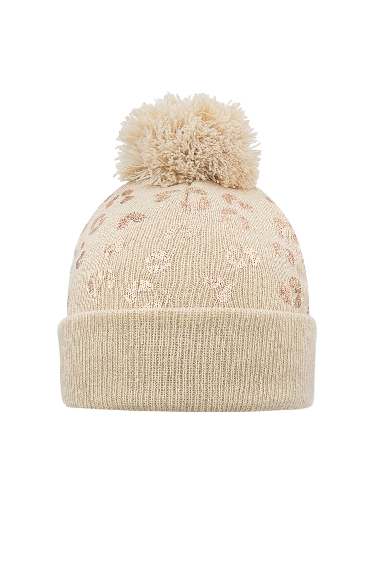 Bommelmütze mit Tigermuster – Beige