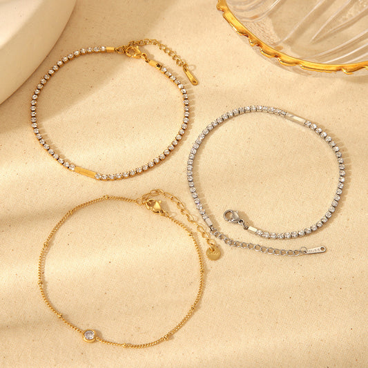 1 Paar tägliche geometrische Fußkettchen aus Edelstahl in Goldfarbe mit Strasssteinen