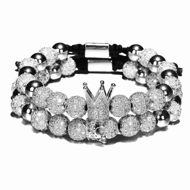 💎Luxus Herren Armbänder – Crown Charm mit 8mm Perlen & CZ-Steinen💎