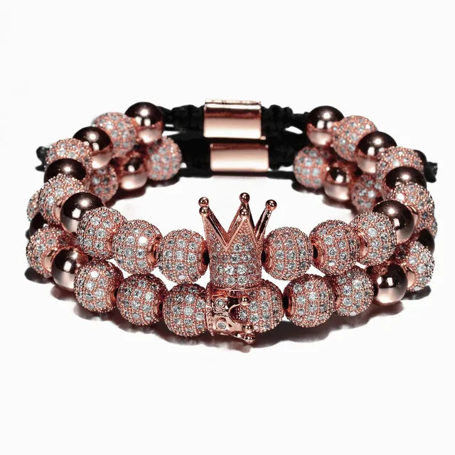 💎Luxus Herren Armbänder – Crown Charm mit 8mm Perlen & CZ-Steinen💎