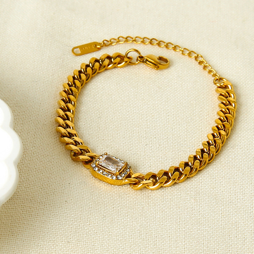1 Stück luxuriöse klassische Kette, rechteckig, Edelstahl, Zirkonia, Damen-Kettenarmbänder