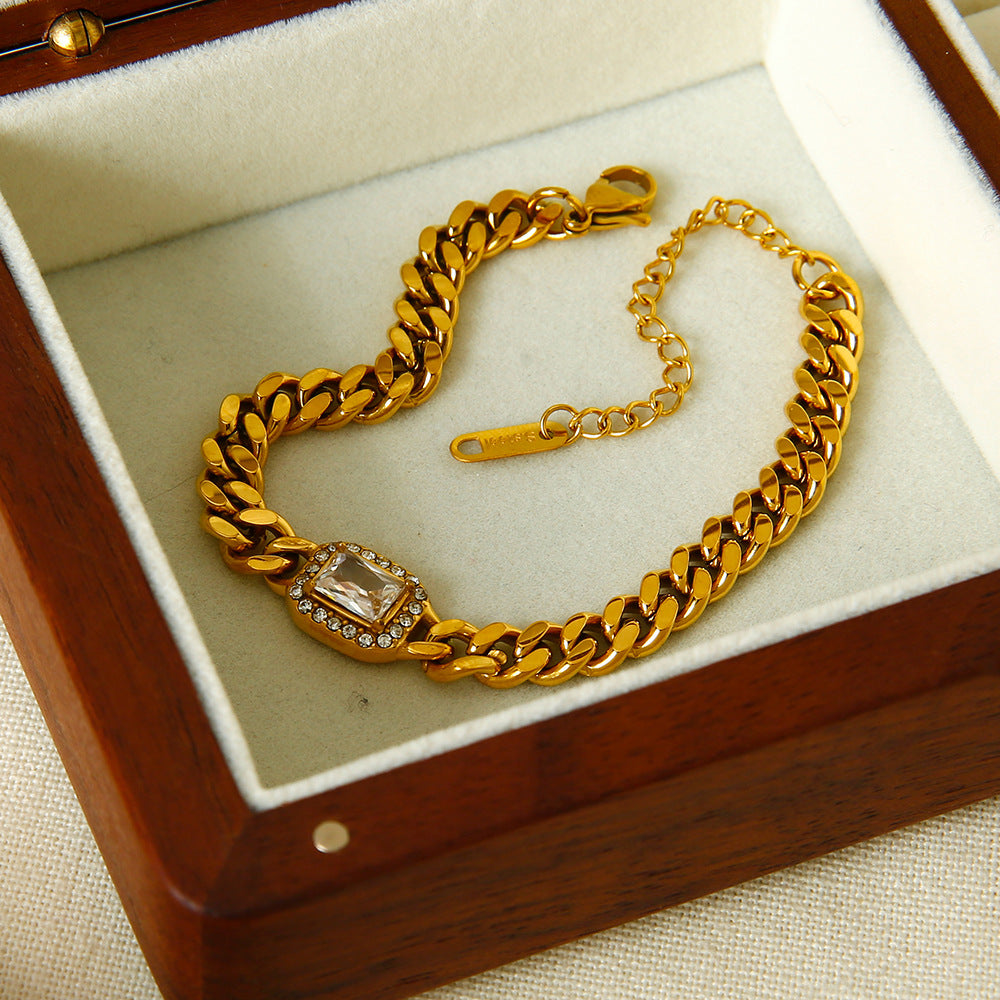 1 Stück luxuriöse klassische Kette, rechteckig, Edelstahl, Zirkonia, Damen-Kettenarmbänder