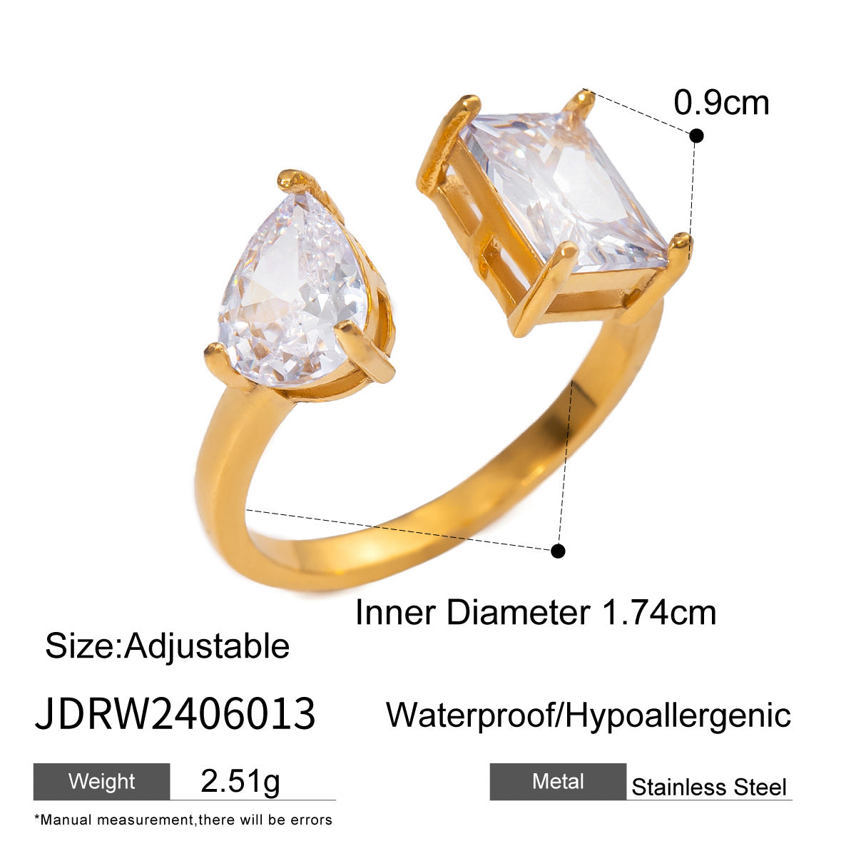 1 Stück Zarte verstellbare Ringe aus Edelstahl mit vergoldetem Zirkonia für Damen