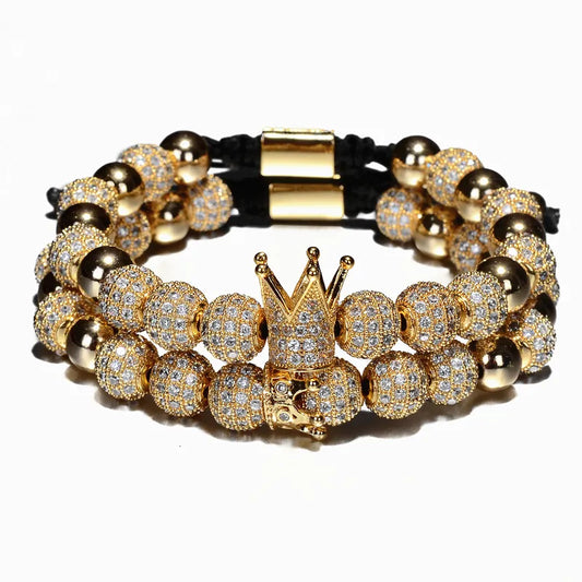💎Luxus Herren Armbänder – Crown Charm mit 8mm Perlen & CZ-Steinen💎