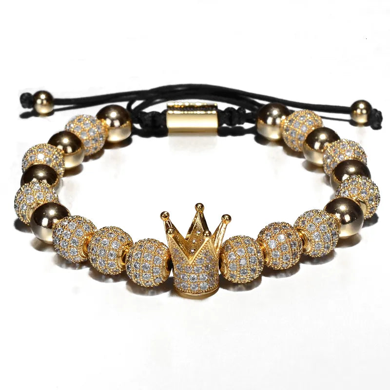 💎Luxus Herren Armbänder – Crown Charm mit 8mm Perlen & CZ-Steinen💎