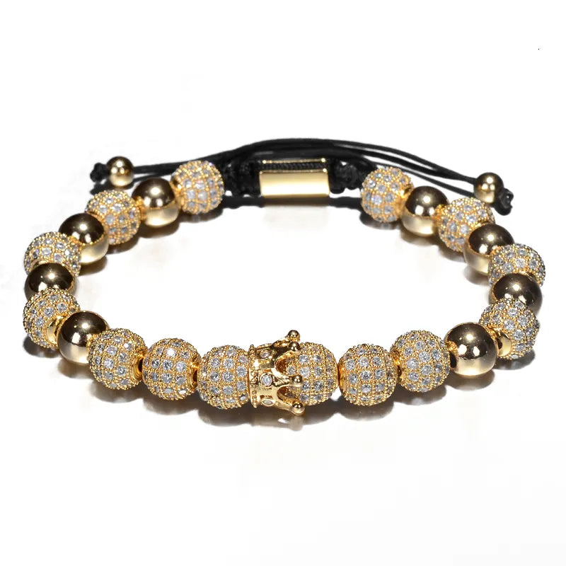 💎Luxus Herren Armbänder – Crown Charm mit 8mm Perlen & CZ-Steinen💎