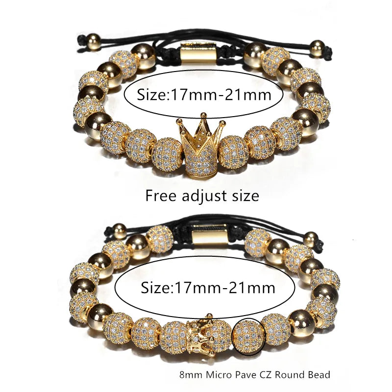 💎Luxus Herren Armbänder – Crown Charm mit 8mm Perlen & CZ-Steinen💎