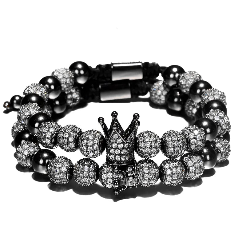 💎Luxus Herren Armbänder – Crown Charm mit 8mm Perlen & CZ-Steinen💎