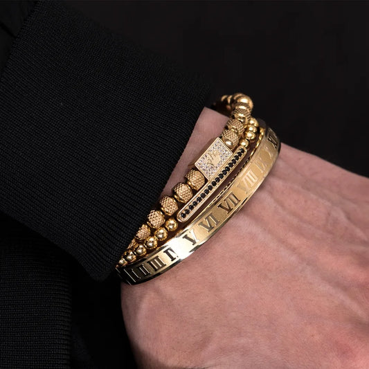 3er Set Luxus Unisexarmband – Goldene Krone, Römische Zahlen & Geflochtenes Design – Verstellbar“