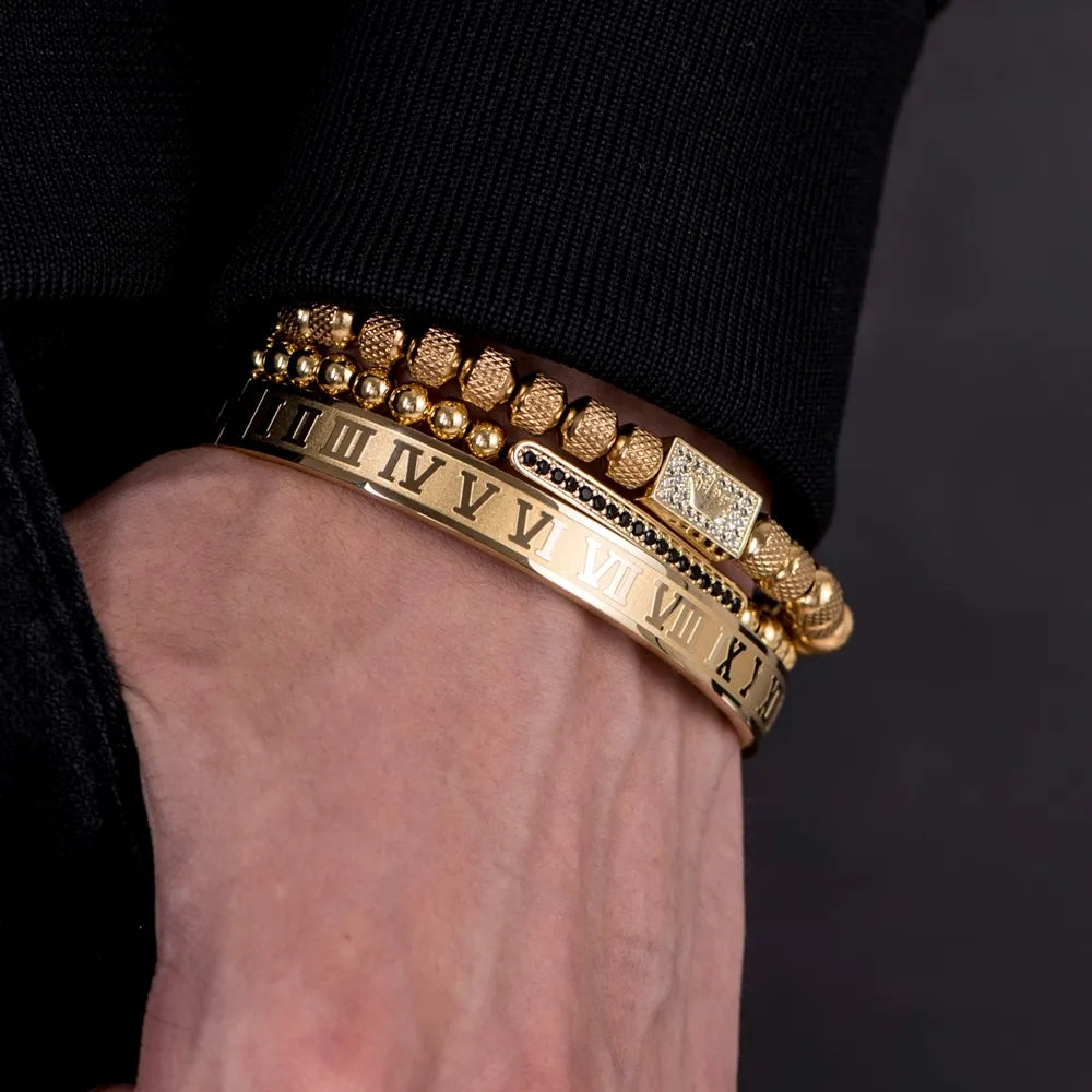 3er Set Luxus Unisexarmband – Goldene Krone, Römische Zahlen & Geflochtenes Design – Verstellbar“