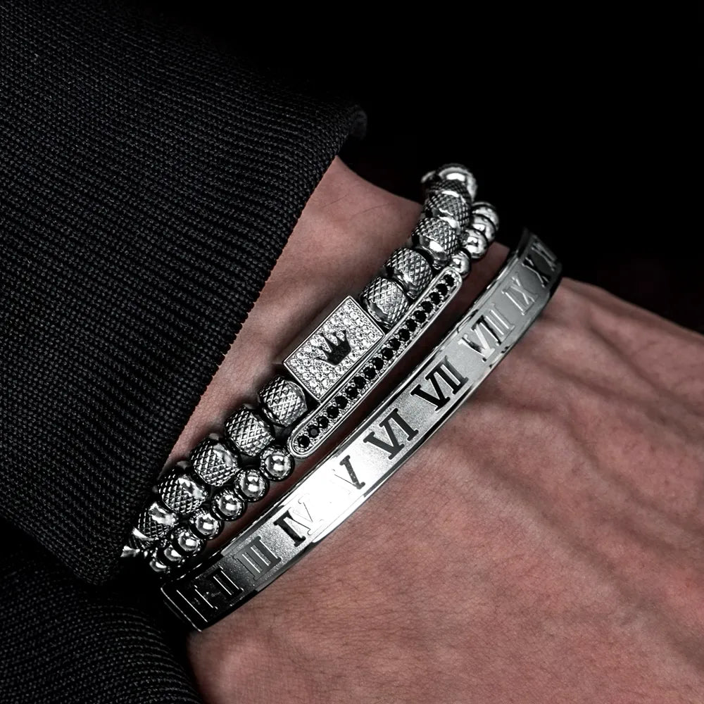 3er Set Luxus Unisexarmband – Goldene Krone, Römische Zahlen & Geflochtenes Design – Verstellbar“
