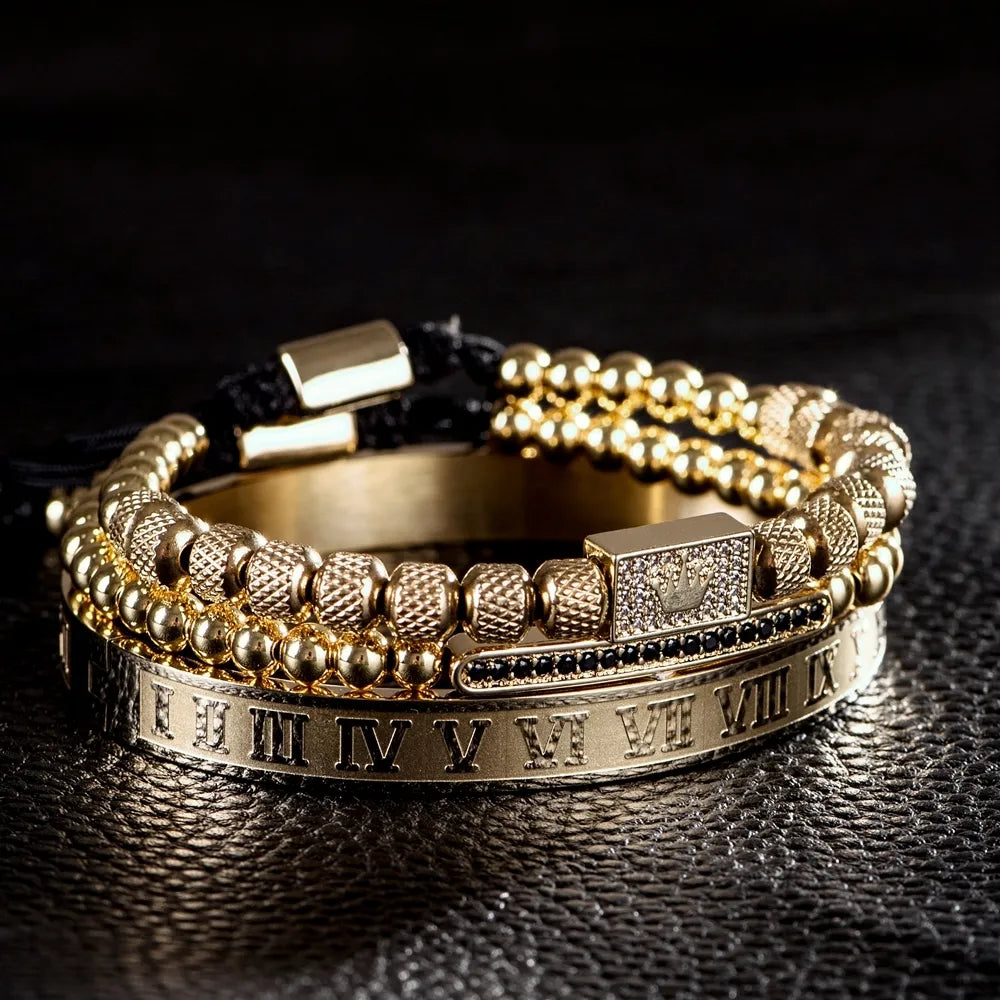 3er Set Luxus Unisexarmband – Goldene Krone, Römische Zahlen & Geflochtenes Design – Verstellbar“