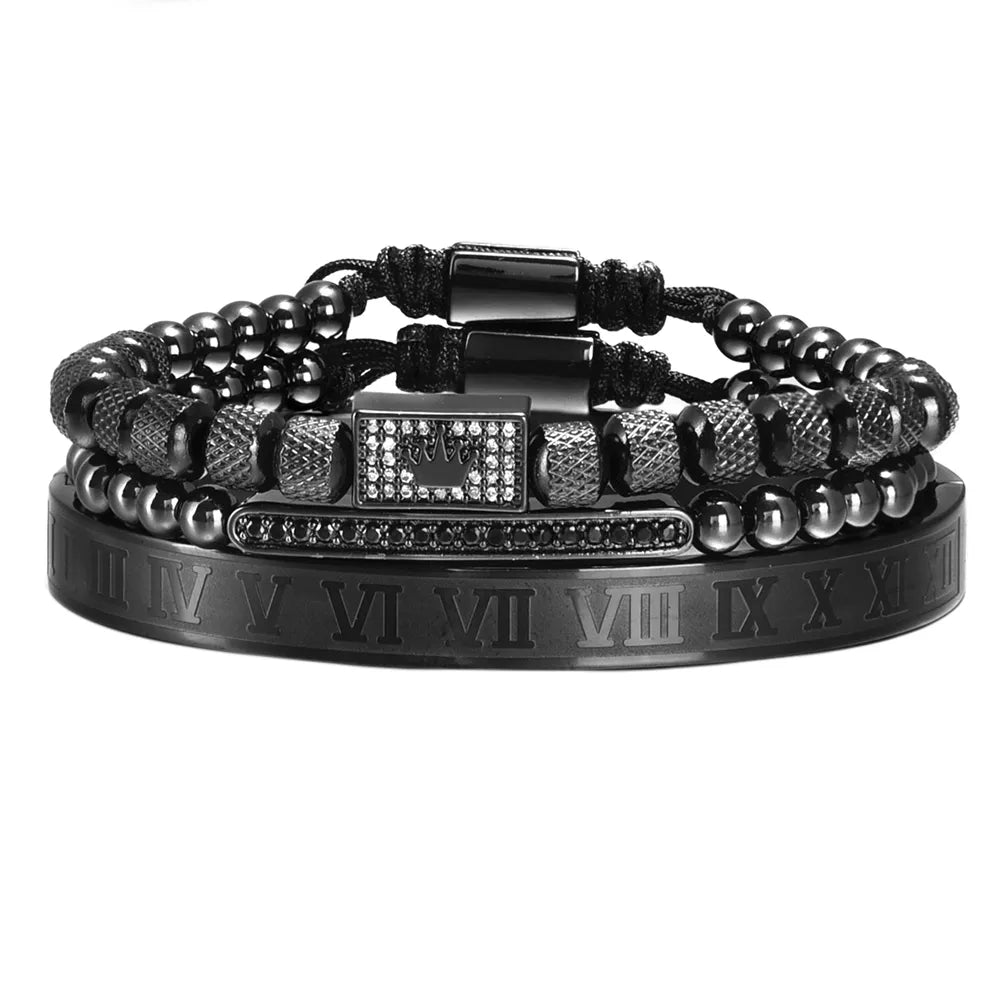 3er Set Luxus Unisexarmband – Goldene Krone, Römische Zahlen & Geflochtenes Design – Verstellbar“