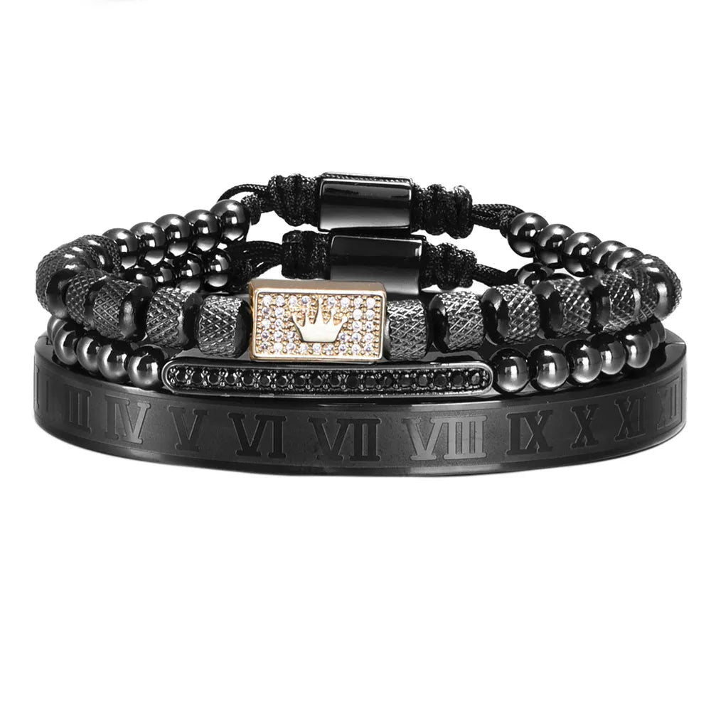 3er Set Luxus Unisexarmband – Goldene Krone, Römische Zahlen & Geflochtenes Design – Verstellbar“