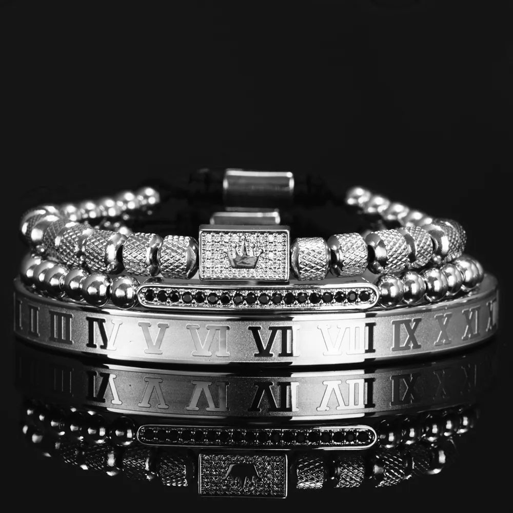 3er Set Luxus Unisexarmband – Goldene Krone, Römische Zahlen & Geflochtenes Design – Verstellbar“