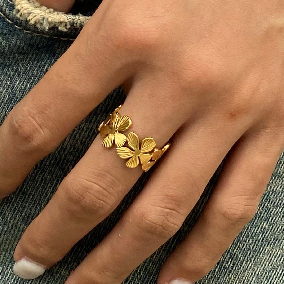 1 Stück Sweet Flower Edelstahl Goldfarbener Statement Ring